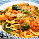 菜の花とパンチェッタのトマトソーススパゲッティ